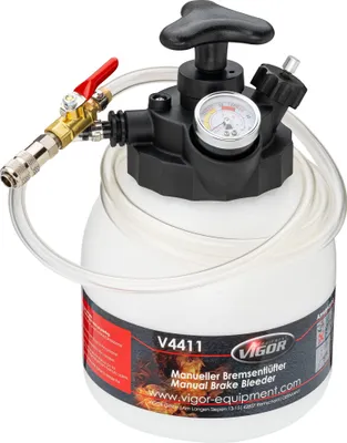 A manual brake bleeder kit with a pressure gauge and hose, presented against a white background.