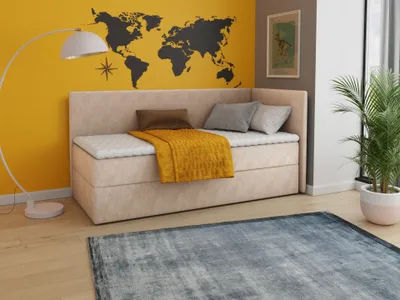A bedroom scene with a daybed, a floor lamp, a rug, and wall art.