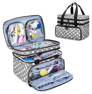 Imagen del producto de Elzusha - Bolsa organizadora de costura de doble capa con muchos compartimentos - Gris con lunares (sin accesorios)