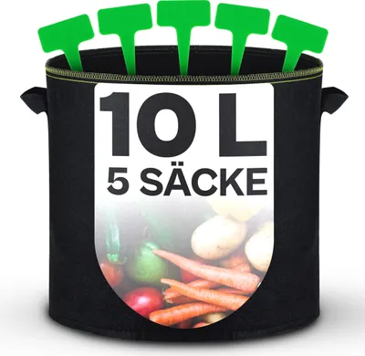Produktbild von 5x Pflanzsack 10L aus Vliesstoff mit Pflanzenschilder zum Beschriften - Mit Griff - Für Kräuter, Blumen und Erdbeeren