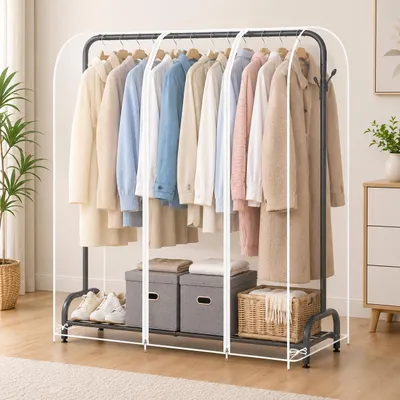 Produktbild von Kleiderschutzhülle für Kleiderständer Transparent PEVA 200x50x150cm Abdeckung mit Reißverschluss, Staubschutz & Motten-Schutz, KI-generiertes Bild