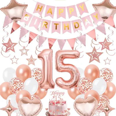 Produktbild von Deko 15 Geburtstag Mädchen Roségold Luftballons Girlande Hängendeko Set