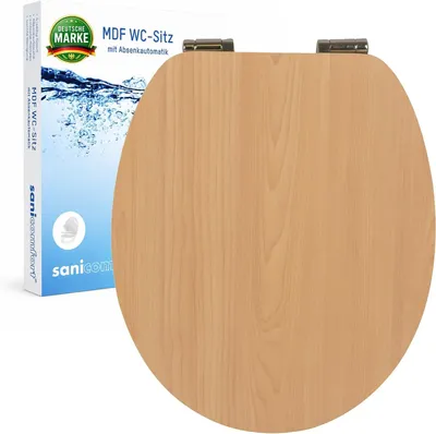 Produktbild von sanicomfort WC Sitz Beech matt lackiert, MDF Holzkern, mit Absenkautomatik, Toilettensitz mit Klodecken, Klobrille und Deckel, verchromte Metallscharniere, einfache Montage