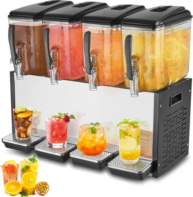 Zdjęcie produktu dla VEVOR komercyjny dozownik napojów z 4 zbiornikami, dozownik soku 12 L (na zbiornik), 510 W dozownik mrożonej herbaty ze stali nierdzewnej z temperaturą chłodzenia 7-12 °C, do zimnych napojów w barze restauracyjnym