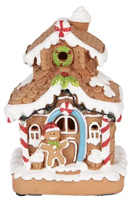 Productafbeelding van Clayre & Eef kerstdecoratie met LED-verlichting, peperkoekhuis, 11x10x17 cm / 2xAA, bruin, kunststof