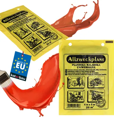 A collage of product packaging for protective sheeting, along with splashes of red paint and a paintbrush.