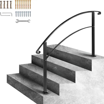 Produktbild von SucceBuy 4-stufiger Handlauf aus Schmiedeeisen für 1–4 Stufen, mattschwarzes Treppengeländer für den Außenbereich mit Montagesatz