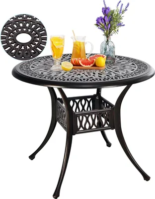 Zdjęcie produktu dla KOMFOTTEU Okrągły stół ogrodowy z otworem na parasol 5 cm, aluminiowy stół jadalniany, stół balkonowy z regulowanymi nogami, stół na balkon, basen, Φ91 x 72 cm