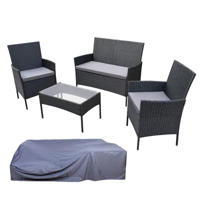 Image de Ensemble de jardin SVITA BROOKLYN 4 pièces avec housse salon de jardin en polyrotin résistant aux intempéries coussins table en verre noir