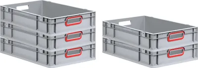 Zdjęcie produktu dla Zestaw promocyjny 5 szt. Eurobox NextGen Color | wys. x szer. x gł. 12 x 40 x 60 cm | 23 litry | czerwone uchwyty otwarte | gładkie dno | kolor szary | pojemnik euro, skrzynia transportowa, pojemnik transportowy, pojemnik do układania w stosy