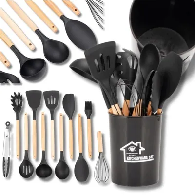 Produktbild von Großes Silikon Küchenutensilien-Set XXL 12 Teile mit Behälter