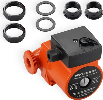 A VEVOR brand circulator pump with several accessories, including nuts and washers, is displayed against a white background.