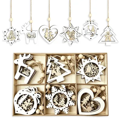24 Holz-Weihnachtsanhänger, 6 Motive, 3D-Laser geschnitten