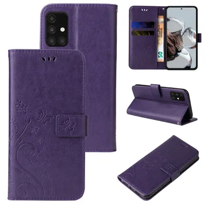 Produktbild von Handyhülle für Samsung Galaxy A71 Floral Blumen Schmetterling Flip Cover Hülle Case Klapphülle Handytasche Farbe: Violett