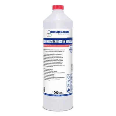 Produktbild von Ravensberger Chemie VE-Wasser 1 L – demineralisiert & entionisiert, kalkfrei für Auto, Batterie, Haushalt, Dampfbügeleisen und Labor