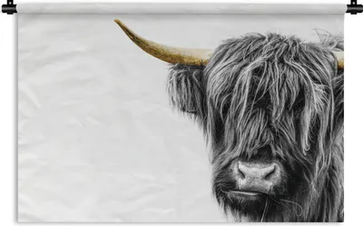 Produktbild von MuchoWow® Wandteppich Wandbehang Scottish Hochlandrind - Weiß - Schwarz & Gold 150x100 cm Tapisserie Dekoration Wandtuch - Waschbar - Tapisserien - Wand-Decke