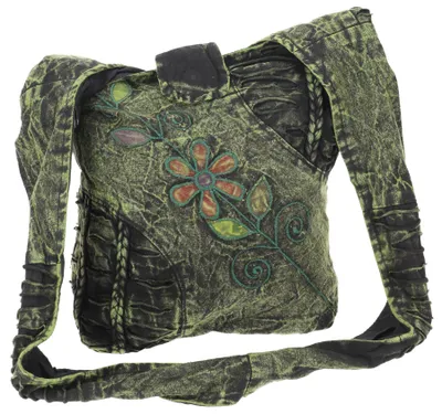 Produktbild von Boho Schultertasche, Unikat Hippie Tasche, Goa Schulterbeutel - Grün, Uni - Erwachsene, Baumwolle, 35*35*25 cm, Alternative Umhängetasche, Handtasche aus Stoff