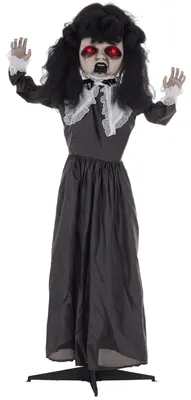 Imagen del producto de Muñeca de terror, ideal para Halloween, con voz y música espeluznantes, ojos rojos, articulada, 160 cm