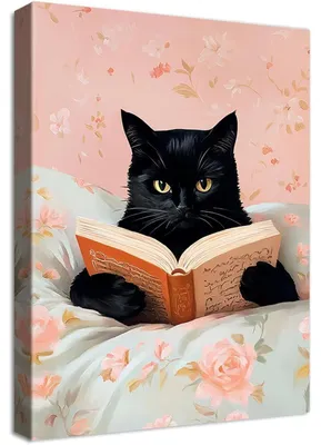 Productafbeelding van Canvas schilderij van een kat die boeken leest, met lijst, 30x40 cm. Wanddecoratie, kunstafdruk