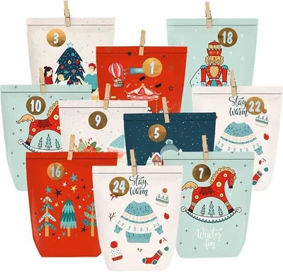 Productafbeelding van Adventskalender om te vullen - Rood - 16 x 6 x 22 cm - Papieren Zakjes met Cijferstickers - Voor DIY Kerstdecoratie