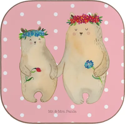 Produktbild von Mr. & Mrs. Panda bar untersetzer Bären mit Blumenkranz - Rot Pastell - Geschenk, Holzuntersetzer, Kinder, Familie, für Gläser, Muttertag, Mama, Coaster, Glas, Family