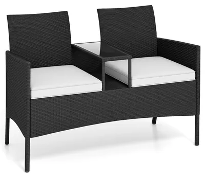 Imagen del producto de Banca de jardín - Juego de sillones de exterior - Juego de mesa para exteriores - Muebles de jardín - Muebles para balcón - Sillón de dos plazas con mesa - Fabricado con ratán sintético resistente a la intemperie
