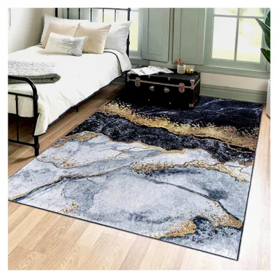 Produktbild von Moderner Teppich - Kurzflor Waschbar - Weicher Teppich für Wohnzimmer, Schlafzimmer, Esszimmer – Teppiche mit Marmor Abstrakt Muster - Grau Gold 160 x 230 cm