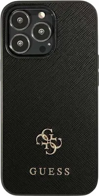 A black phone case with a silver logo and brand name.