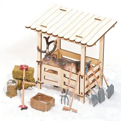 Imagen del producto de Conjunto de granja en miniatura, de 4 piezas, que incluye un reno y un establo para pienso, ideal para decoración navideña