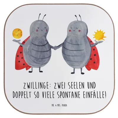Produktbild von Mr. & Mrs. Panda Tassen Untersetzer Zwillinge Abenteuer - Weiß - Geschenk, gläseruntersetzer, Dualität, Holzuntersetzer, Glas, für Gläser, Geschenke Sternzeichen, Coaster