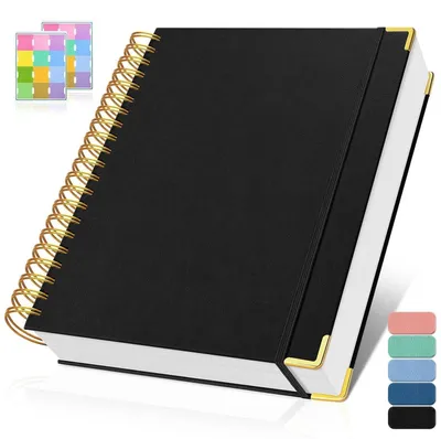Produktbild von Notizblock A5 kariert, Spiralblock 300 Seiten, 100GSM, Hardcover Kunstleder, Schwarz 14x21cm
