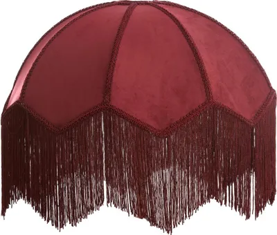 A burgundy lampshade with fringe.