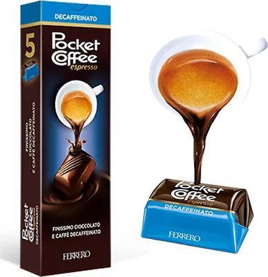 Produktbild von 6x Pocket Coffee espresso Kaffee-Praline mit flüssigem entkoffeiniert DEK Espresso, feine Vollmilch- und Halbbitterschokolade 5 Praline 62,5g