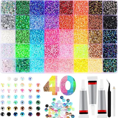 Produktbild von Strassstein-Set – 32.000 Stück – 0,3 cm – 40 Farben – Strassstein-Set zum Selbermachen – mit 3 x 10 ml Kleber – Hobby-Set – Nagelkunst