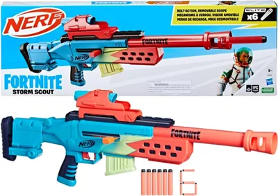 The image shows the packaging of a Nerf Fortnite Storm Scout blaster, with the blaster itself also displayed.