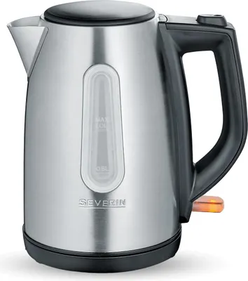 A studio shot of a silver and black electric kettle.