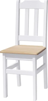 A white wooden chair with a light wood seat is shown against a white background.
