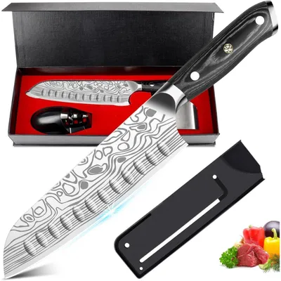 Immagine prodotto di Coltello Santoku da cucina giapponese, 18 cm, coltello da chef, acciaio inossidabile EN 1.4116, manico in Micarta, affilacoltelli, confezione regalo