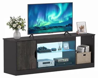Produktbild von COSTWAY TV-Schrank mit LED, Fernsehschrank für TV bis 65 Zoll, TV-Ständer mit verstellbarer Glasablage & 3 offenen Fächern, Fernsehtisch Braun