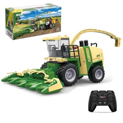 A toy combine harvester and its remote control, with the product's packaging in the background.