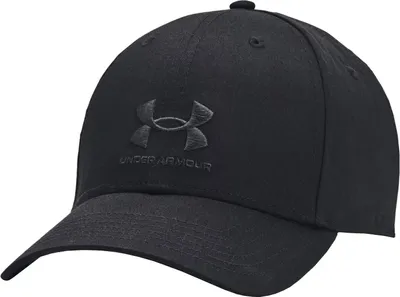 A black Under Armour cap is shown against a white background.