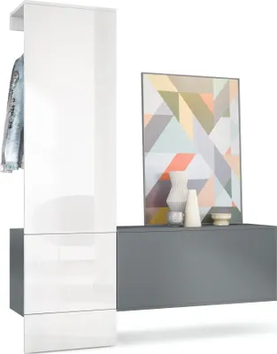 Produktbild von Vladon Garderobe Carlton Set 4, Germany, Wandgarderobe aus Deko-Paneel & Hängeschrank für Schuhe, Anthrazit matt/Weiß Hochglanz (156,5 x 193 x 35 cm)