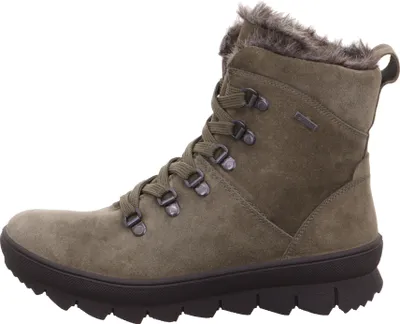 A side view of a green hiking boot with fur trim.