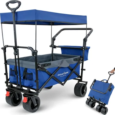Produktbild von deluxe4home® Bollerwagen Faltbar mit Dach Blau/Grau I Mit Vollgummireifen & Bremsen I Handwagen Transportwagen 100L I Campingwagen Trolley bis 120kg