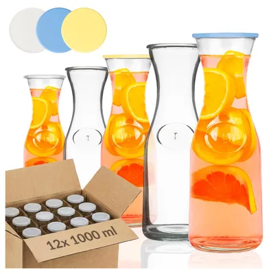 Zdjęcie produktu dla SUPERBUTELKI - 12x Karafki na wodę, szklane 1 L - 1000 ml Karafka do wody na lemoniadę, soki, napoje