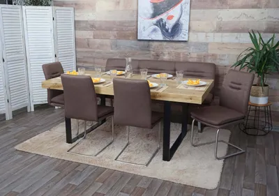 Produktbild von Esszimmer-Set HWC-H70, Esszimmergruppe Sitzgruppe Esszimmergarnitur, Stoff/Textil Edelstahl gebürstet braun 180cm