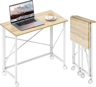 Obrázek produktu pro Skládací stůl - Kancelářský stůl s kolečky - Robustní konstrukce - 80 × 40 × 75 cm - Úspora místa - Přírodní barva