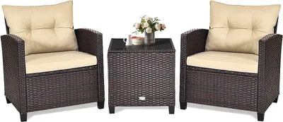Produktbild von GOPLUS 3er Set Sitzgruppe, Rattan Gartenmöbel aus 1 Tisch & 2 Stühlen, Lounge Set mit Sitzkissen für Balkon Garten (Schwarz)