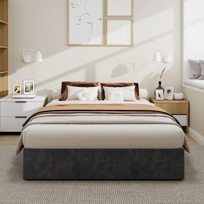 Image de Sweiko Cadre de lit minimaliste moderne, 140x200CM, gris, matériau velours hollandais, équipé de tiges de levage à gaz, meubles de chambre à coucher de style moderne, à l'exclusion de la tête de lit et du matelas.