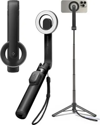A product shot of a black selfie stick with a ring light and a phone attached, shown in multiple configurations.